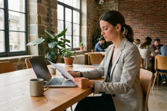 Femme professionnelle travaillant dans un espace de coworking moderne à Libourne avec un ordinateur portable et des documents sur un bureau en bois