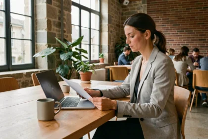 Femme professionnelle travaillant dans un espace de coworking moderne à Libourne avec un ordinateur portable et des documents sur un bureau en bois