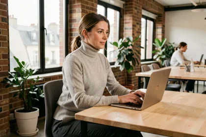 Femme travaillant dans un espace de coworking moderne à Saint-Germain-en-Laye, assise à un bureau en bois avec son ordinateur portable
