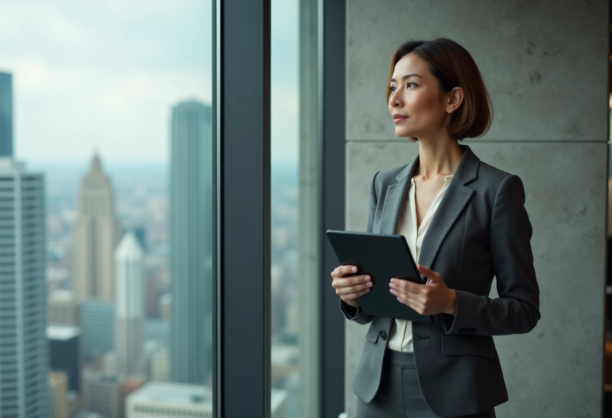 Femme exécutive regardant par une fenêtre en ville