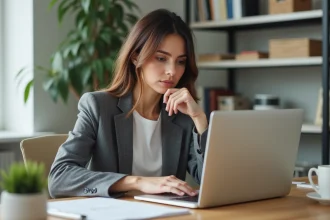 Femme entrepreneur analysant un site web de partenariat commercial sur son ordinateur portable dans un bureau à domicile