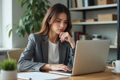 Femme entrepreneur analysant un site web de partenariat commercial sur son ordinateur portable dans un bureau à domicile