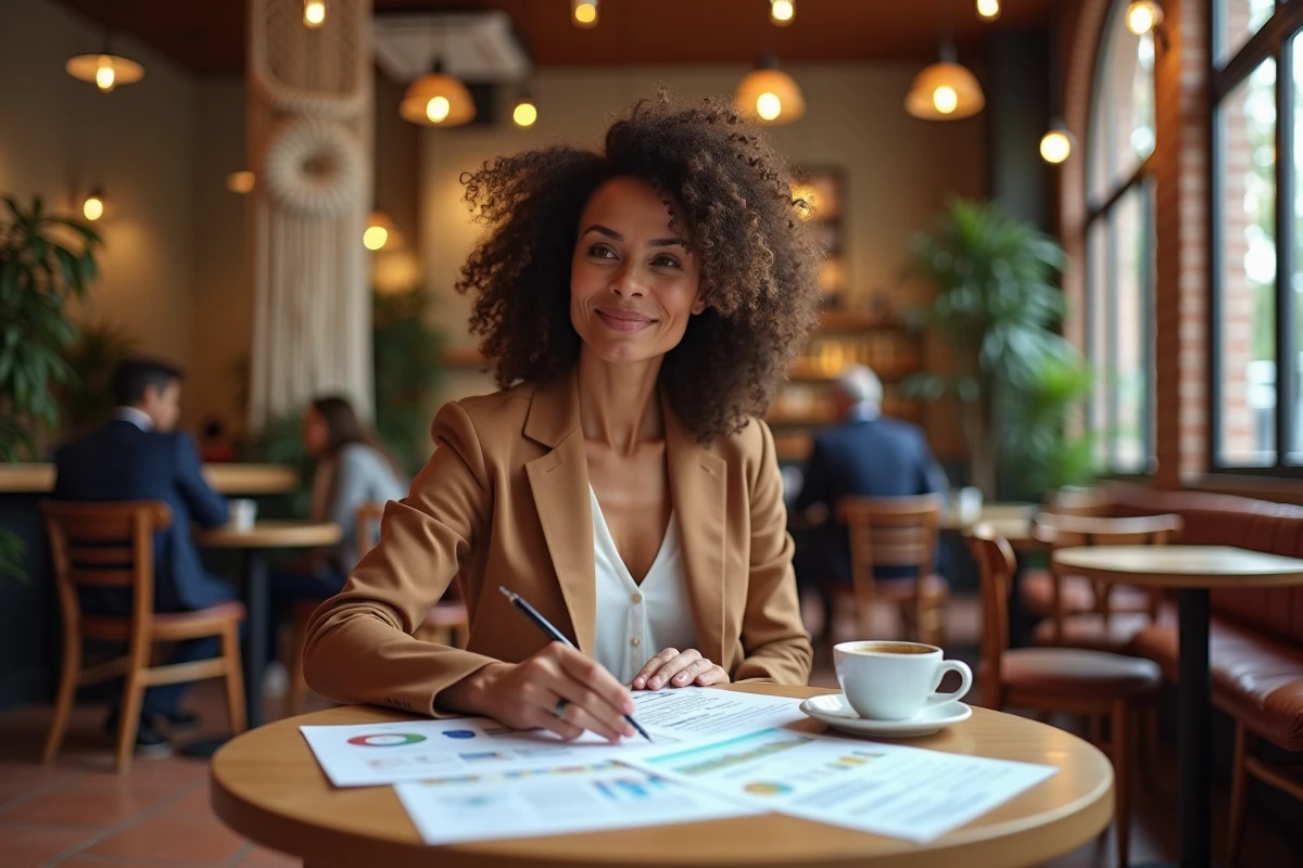 Femme entrepreneur en blazer camel étudiant ses notes sur la création d'offre commerciale dans un café moderne