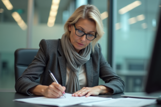 Femme d'âge moyen remplissant des formulaires administratifs