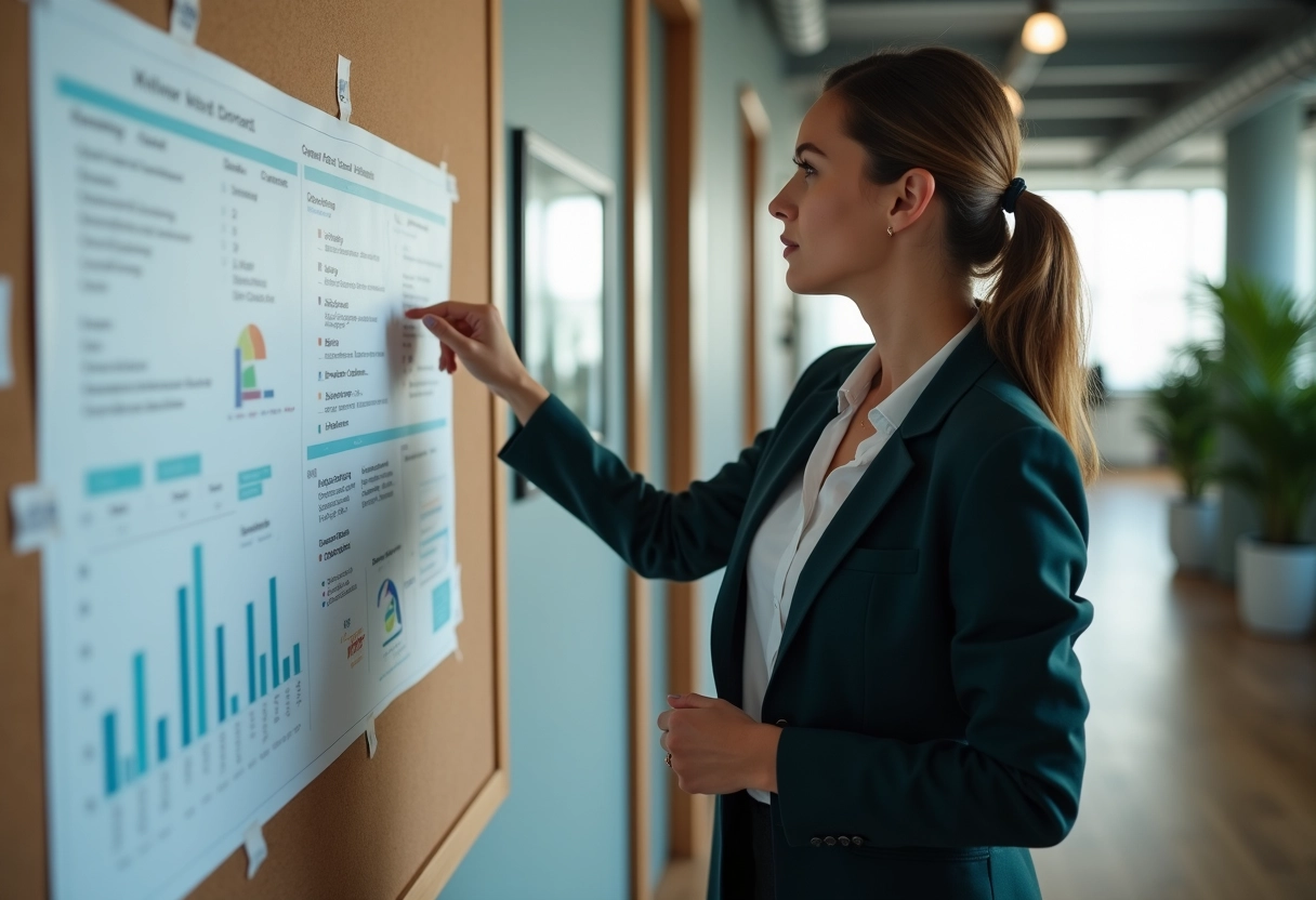 Jeune femme gestionnaire examinant des graphiques dans un couloir