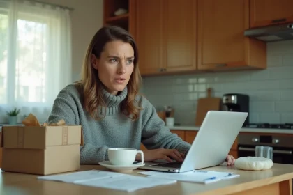Femme inquiète devant un contrat de travail à domicile emballage avec des cartons sur la table de cuisine