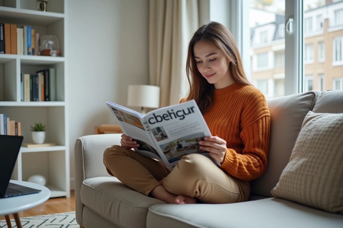 Jeune femme lisant un magazine éditorial web business avec un ordinateur portable affichant un site média numérique