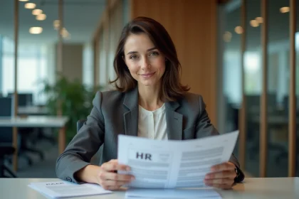 Femme en milieu de trente ans organisant des documents RH au bureau