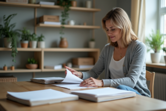 Femme organisée à la maison avec dossiers et papiers