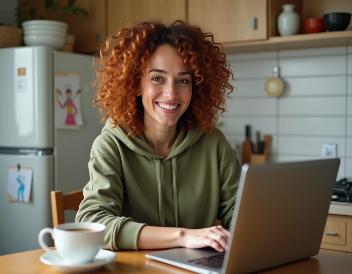 Femme parent travaillant depuis sa cuisine en visioconférence sur un ordinateur portable, illustrant les options de télétravail sans diplôme pour parents à la maison