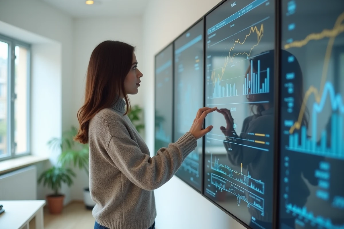 Femme expliquant des graphiques sur un tableau de bord digital