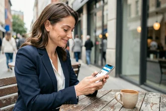 Femme professionnelle consultant l'application RH mobile M'RH connexion sur son smartphone en terrasse de café