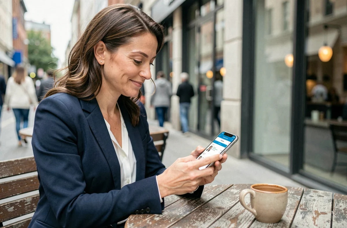 Femme professionnelle consultant l'application RH mobile M'RH connexion sur son smartphone en terrasse de café