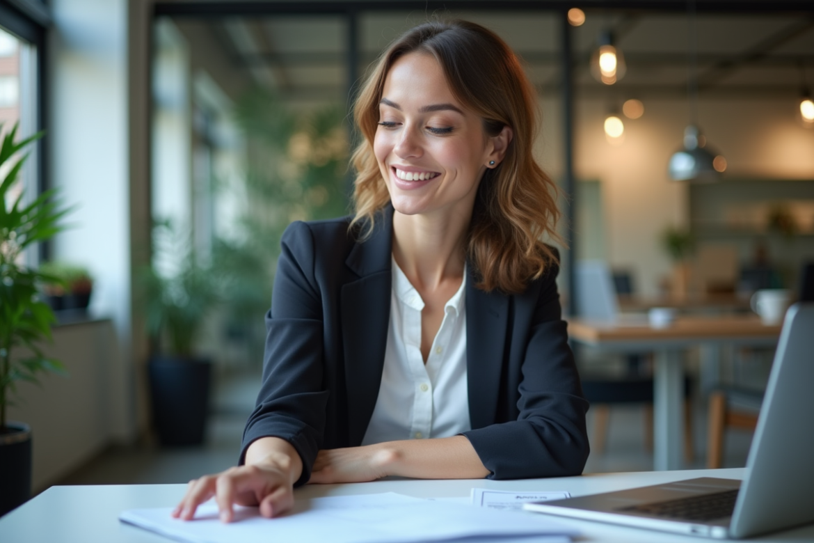 Femme professionnelle souriante dans un bureau moderne