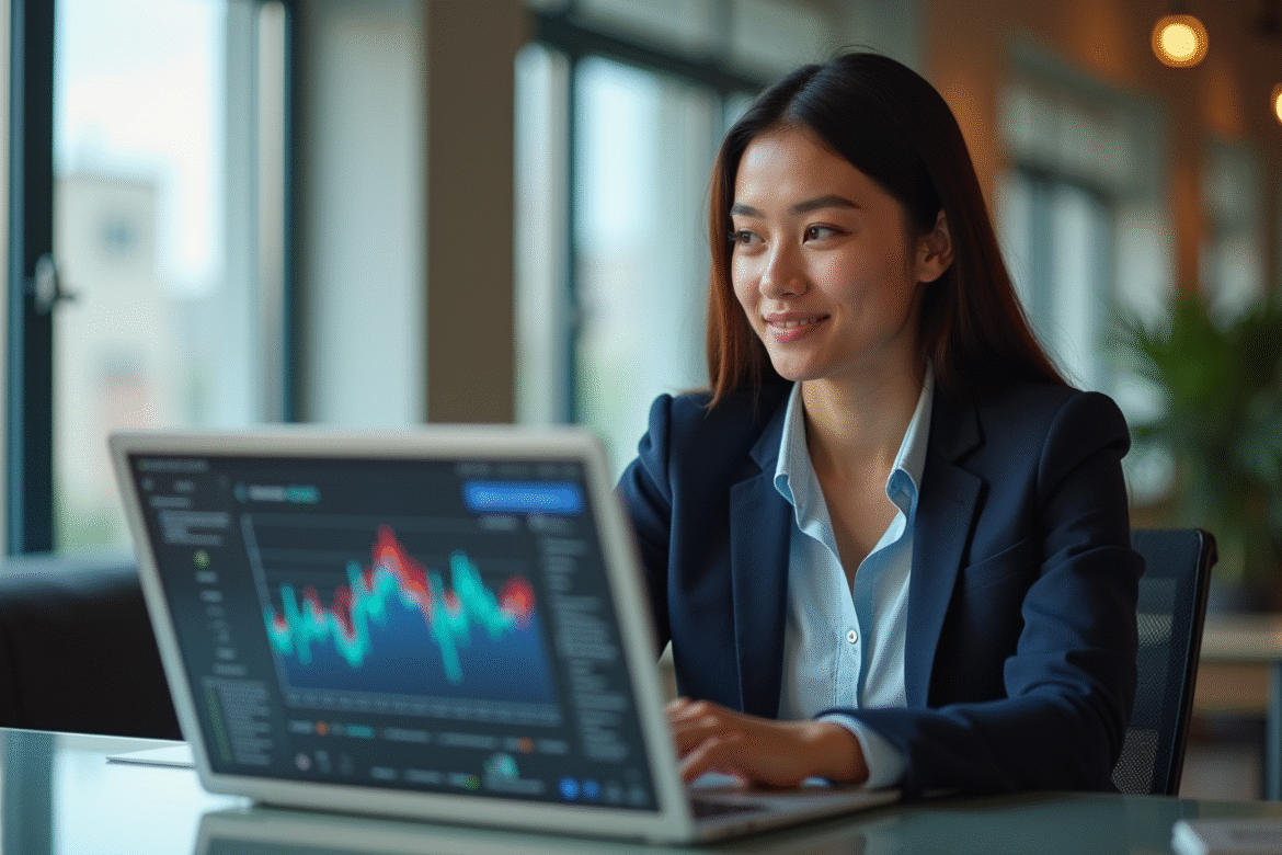Jeune femme professionnelle travaillant sur un ordinateur dans un bureau moderne