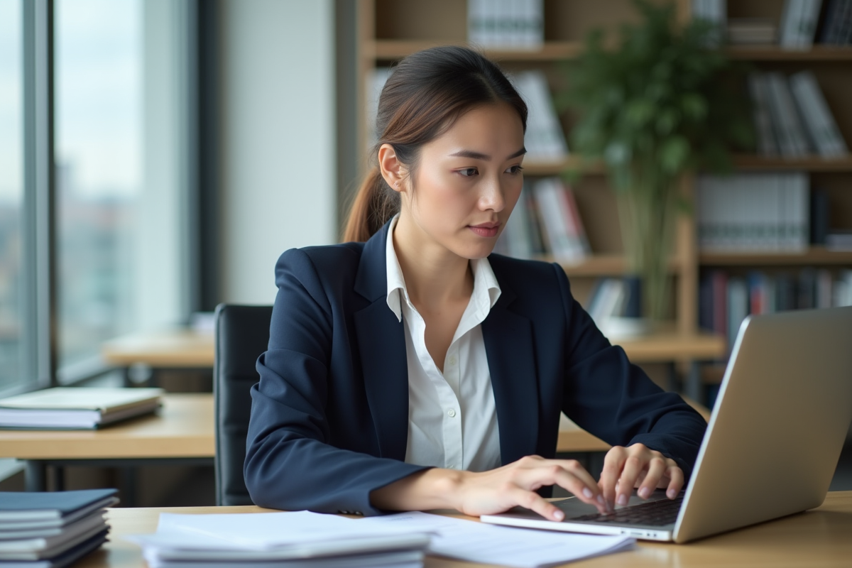 Femme professionnelle en bureau moderne organisée