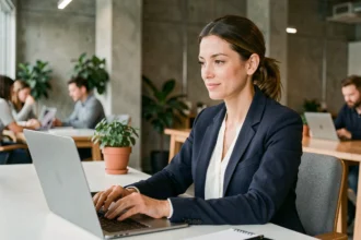 Femme professionnelle travaillant dans un bureau loué à la journée dans un espace de coworking moderne