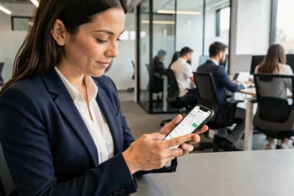 Femme professionnelle consultant son compte RH Hr4you sur smartphone dans un bureau moderne