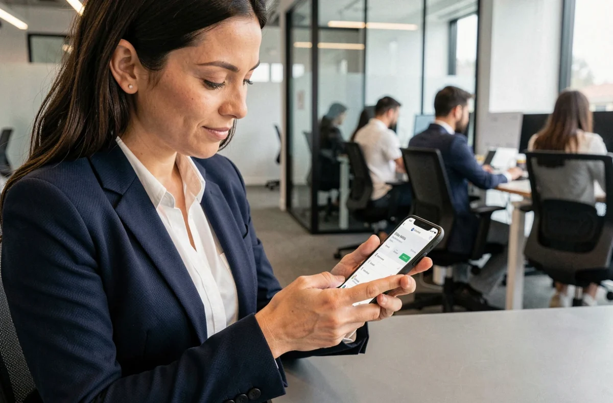 Femme professionnelle consultant son compte RH Hr4you sur smartphone dans un bureau moderne