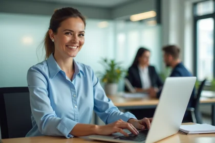 Femme professionnelle utilisant un logiciel de live chat sur son ordinateur portable dans un bureau moderne
