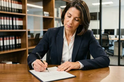 Femme professionnelle signant un document officiel par ordre dans un bureau juridique