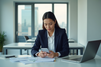 Jeune femme en bureau moderne utilisant son smartphone