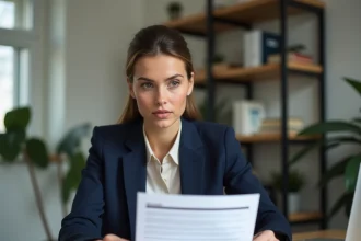 Femme professionnelle consultant une offre d'emploi sur la plateforme Orionb2b.fr depuis son bureau à domicile en 2026