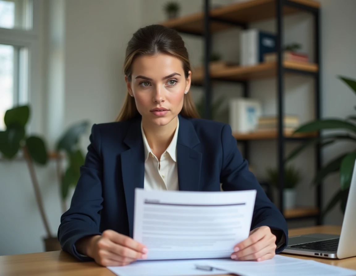 Femme professionnelle consultant une offre d'emploi sur la plateforme Orionb2b.fr depuis son bureau à domicile en 2026