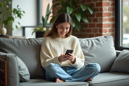 Jeune femme assise sur un canapé dans un appartement lumineux