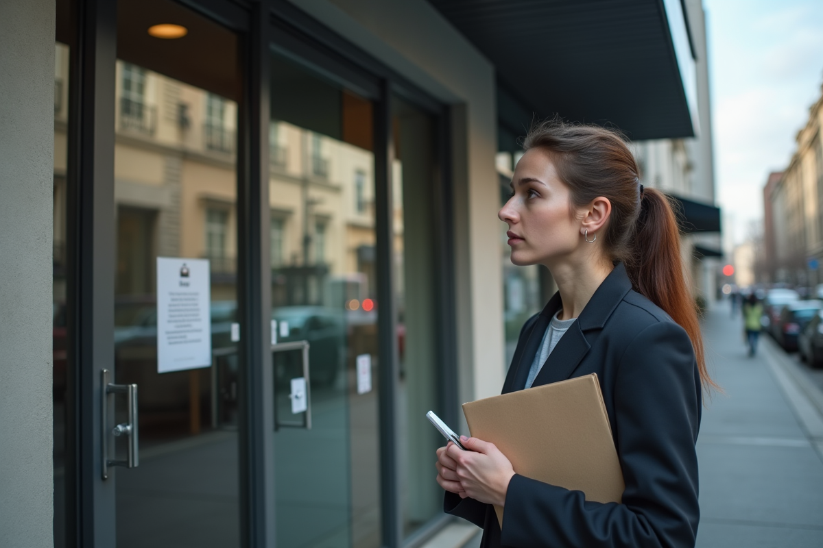 Jeune femme regardant une affiche devant une porte d