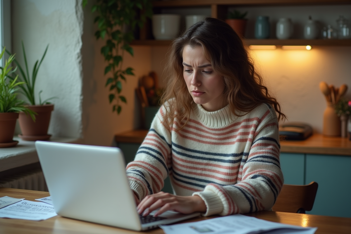 Jeune femme concentrée travaillant sur son ordinateur à la maison