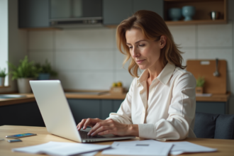 Femme d'âge moyen travaillant sur un ordinateur dans la cuisine