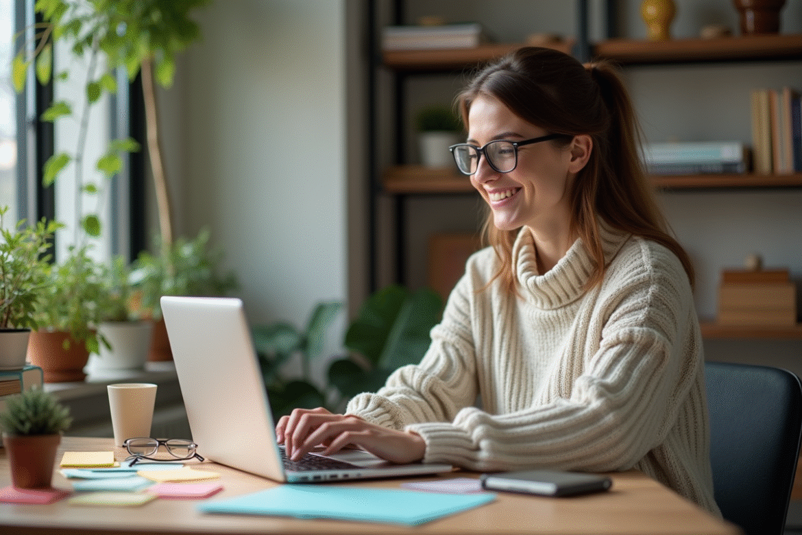 Femme organisée travaillant sur son ordinateur dans un bureau lumineux