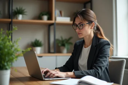 Femme concentrée travaillant sur un ordinateur dans un bureau moderne