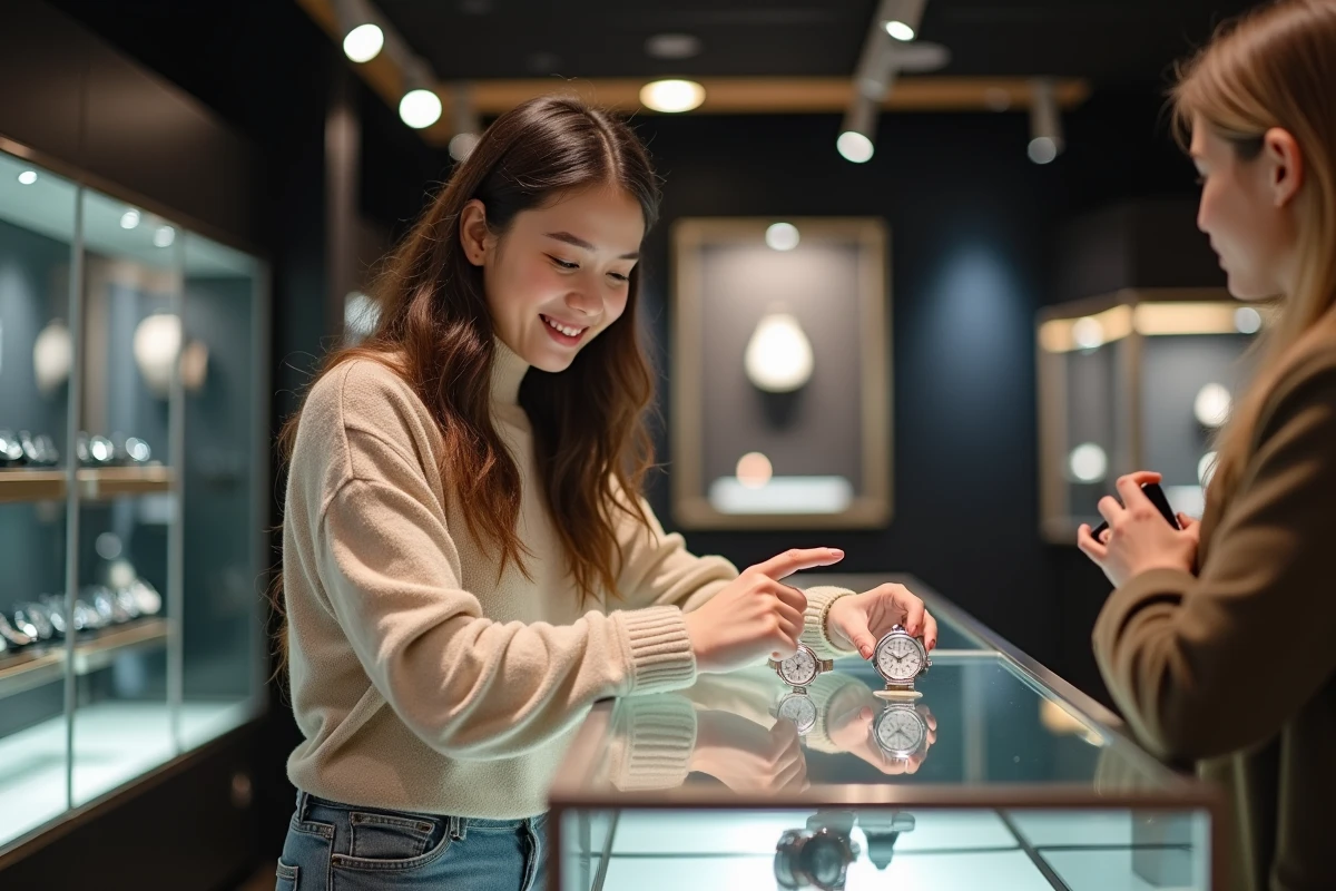 Jeune femme montrant des montres en magasin