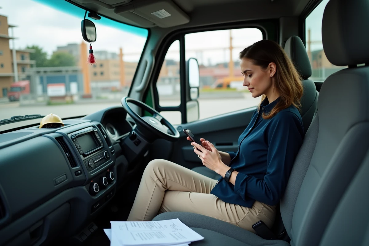 Femme dans véhicule de chantier utilise smartphone