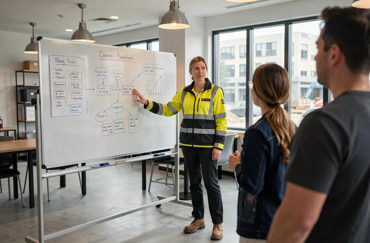 Formatrice animant une session de développement des compétences N4P2 pour des professionnels du bâtiment