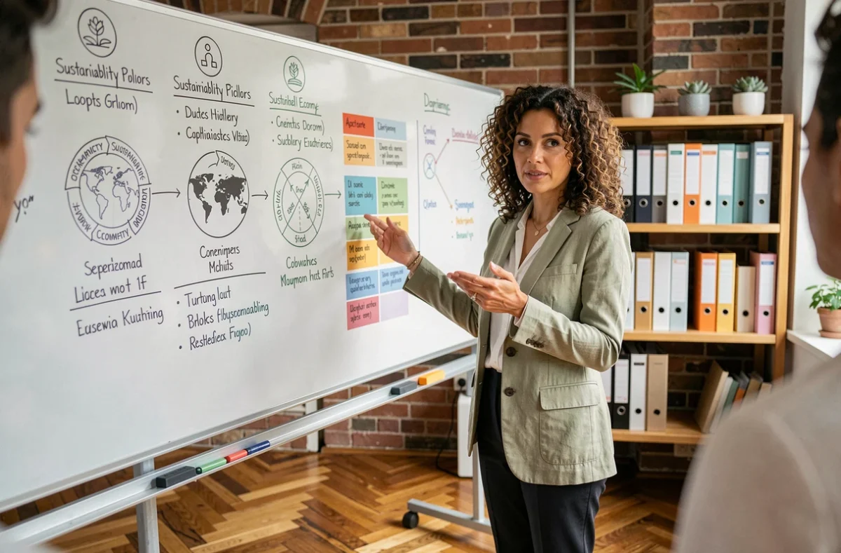 Femme cadre présentant les piliers RSE sur un tableau blanc lors d'un atelier de formation interne