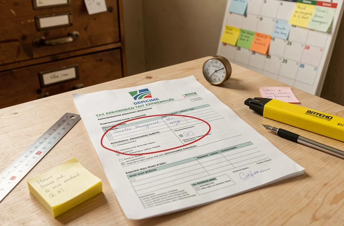 Formulaire d'exonération Def Acre avec erreur administrative cerclée en rouge sur un bureau administratif agricole