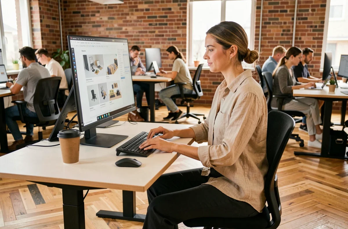 Freelance travaillant à un bureau loué à la journée dans un espace de coworking contemporain
