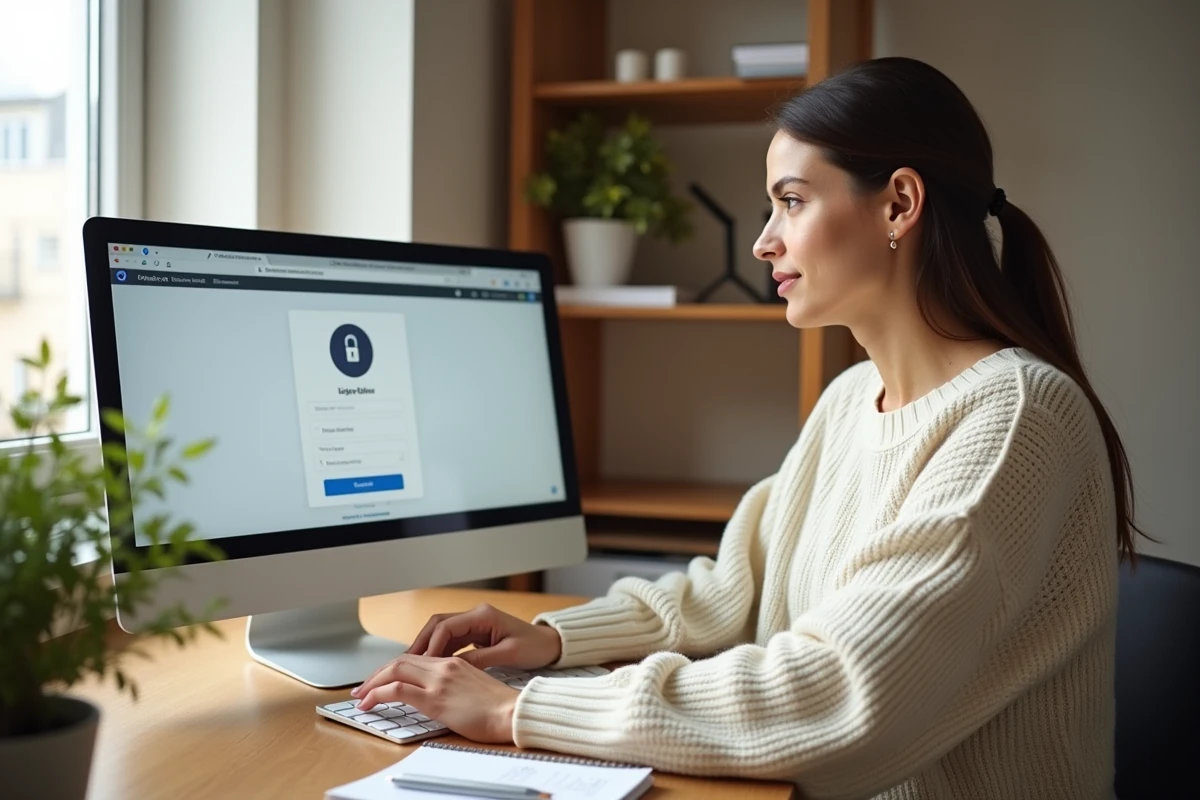 Jeune femme gérant ses identifiants de connexion IntraParis depuis un bureau à domicile avec un carnet de bonnes pratiques