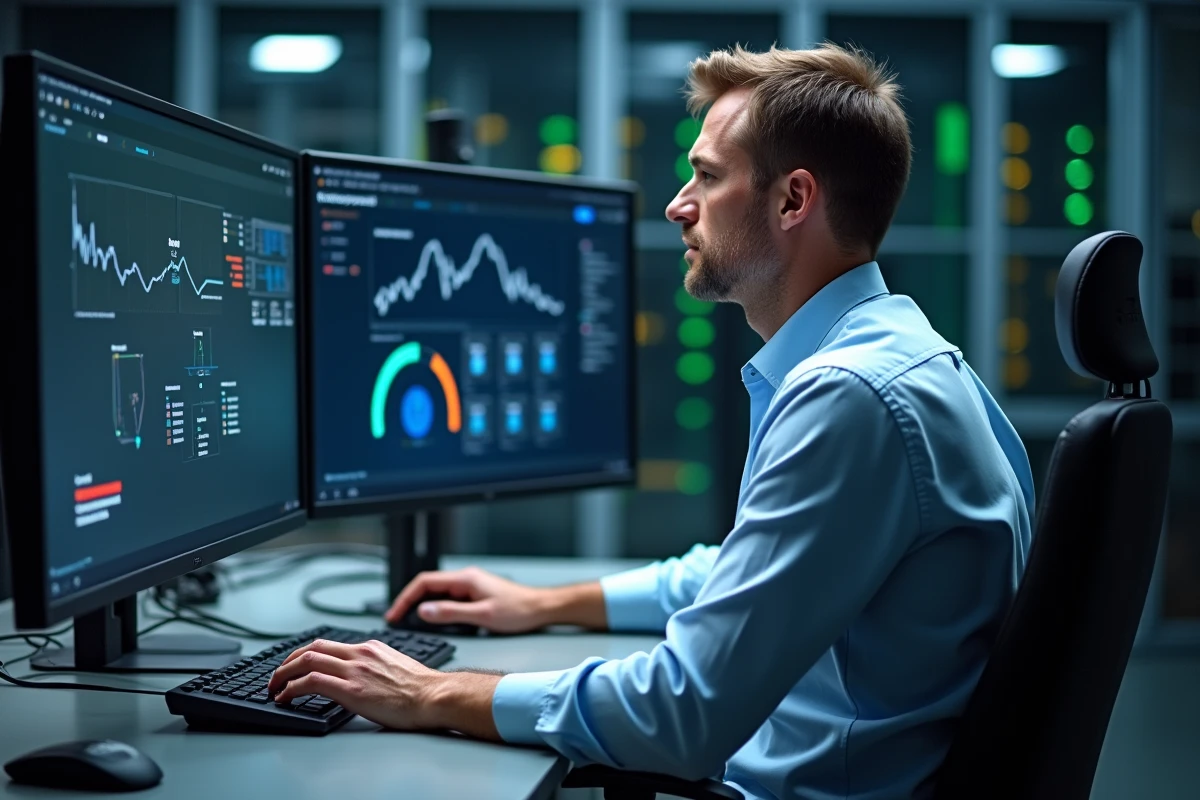 Manager informatique configurant CRM sur ses écrans