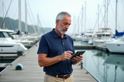 Gestionnaire de port de plaisance consultant des données numériques sur une tablette au bord d'un ponton moderne
