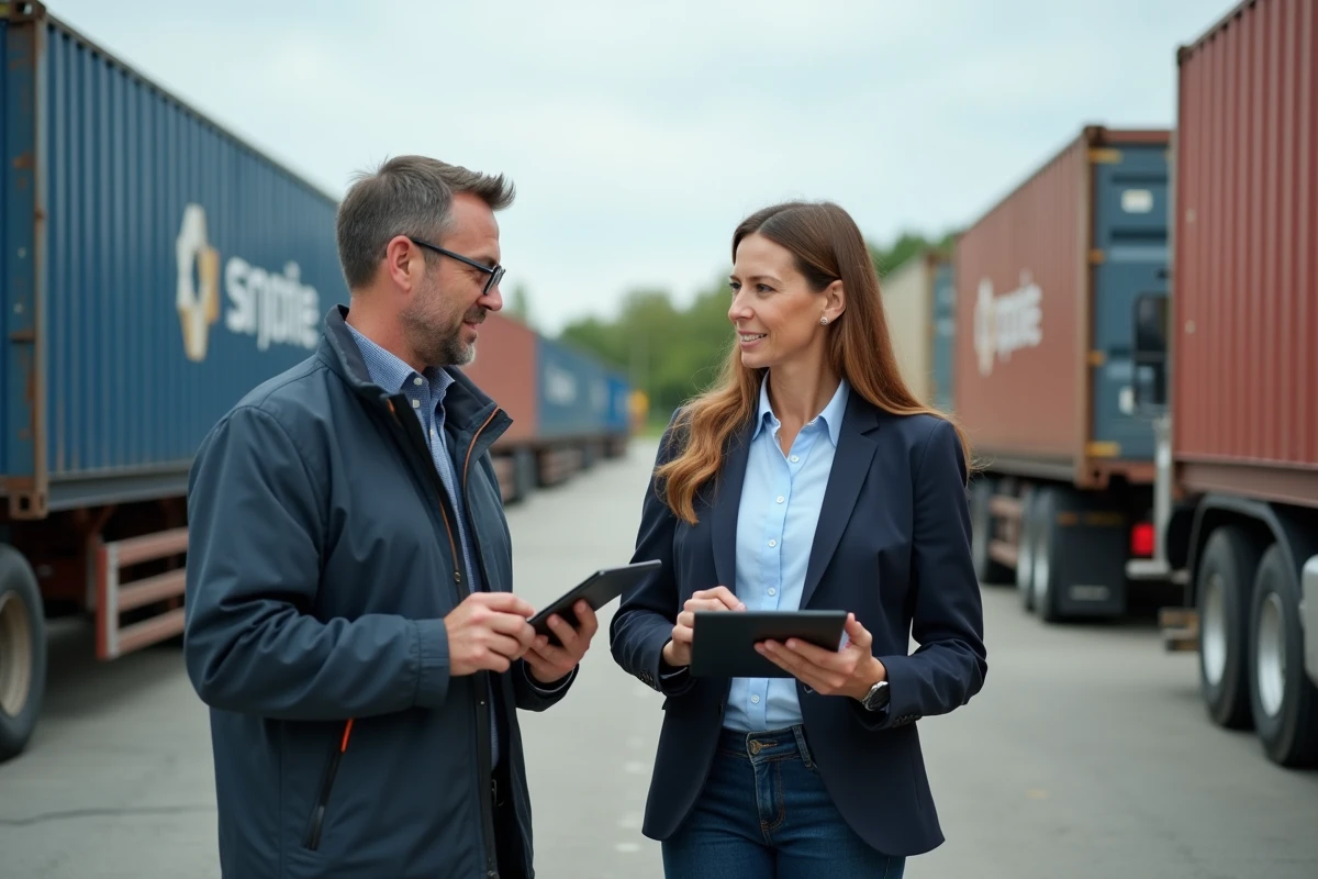 Deux gestionnaires logistiques discutant à côté de camions