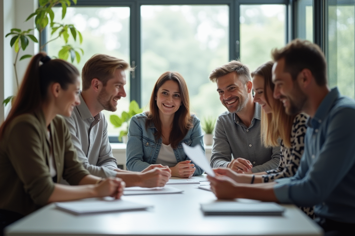 Groupe de collègues dans un bureau lumineux discutant