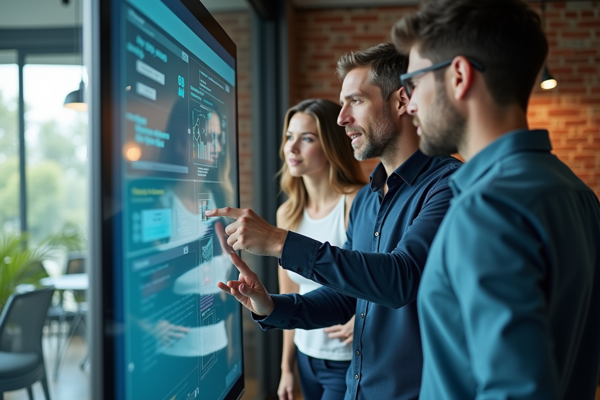 Groupe diversifié collaborant devant un tableau interactif en réunion
