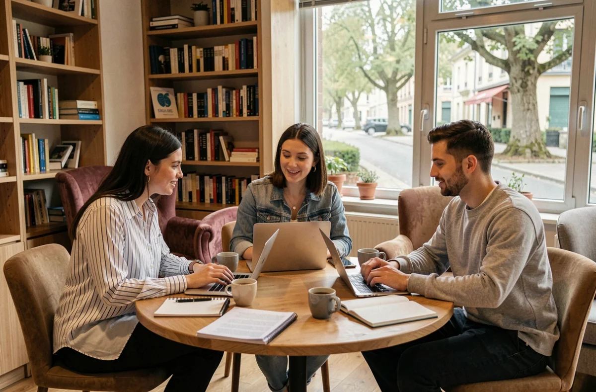 Groupe de professionnels collaborant autour d'une table dans un espace de coworking convivial à Saint-Germain-en-Laye