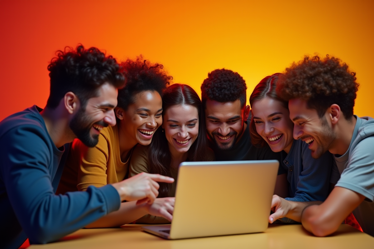Groupe d amis divers riant autour d un ordinateur dans une ambiance joyeuse