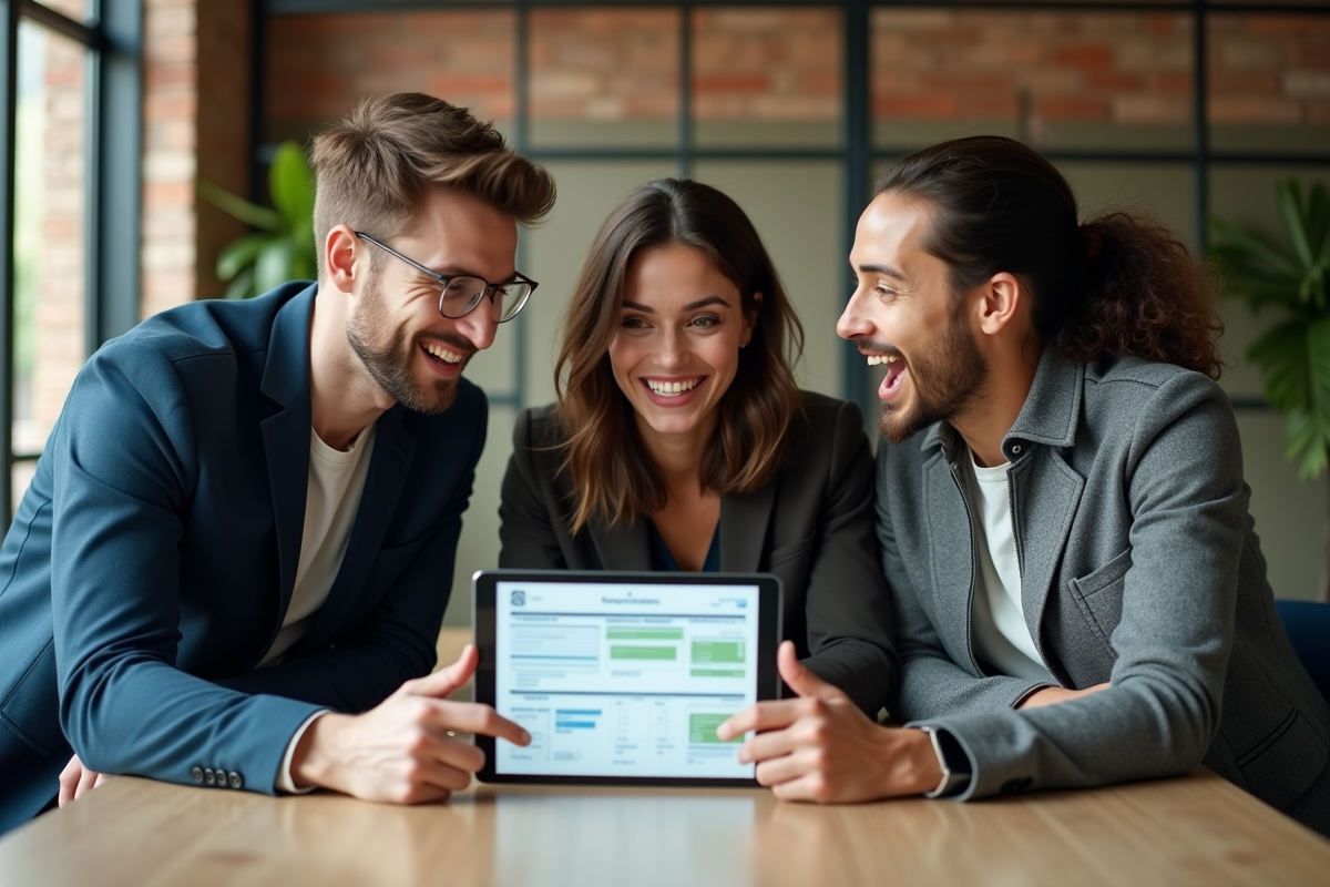 Groupe de jeunes professionnels en discussion dans un espace de travail moderne