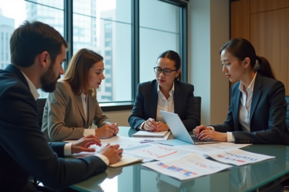 Groupe de professionnels en réunion dans un bureau moderne